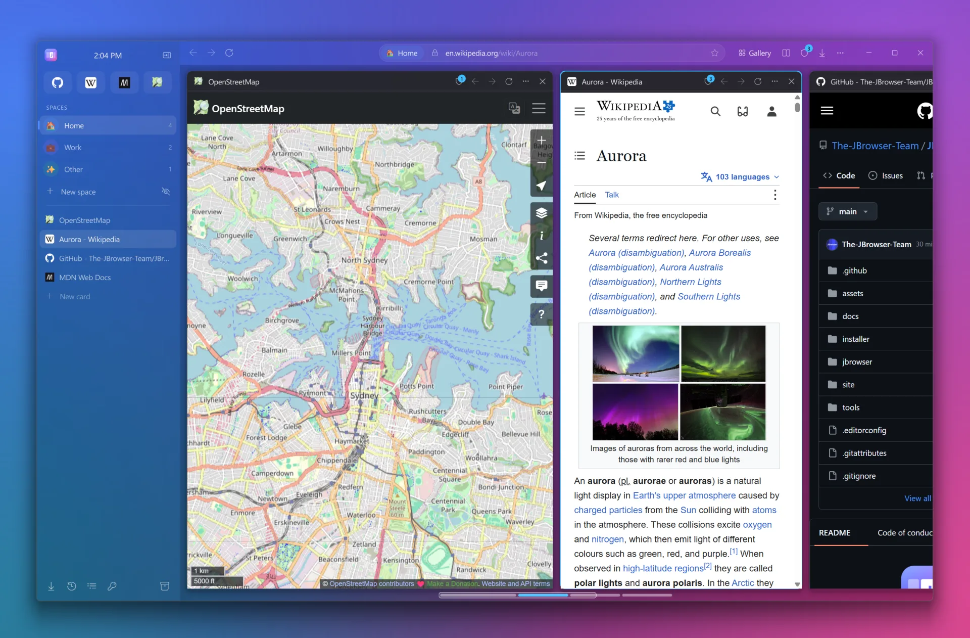 Three web pages side by side, each a third of the window