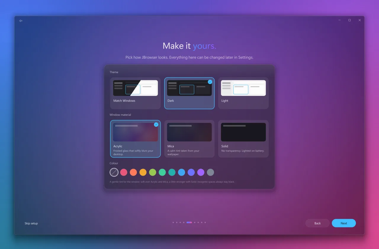 The JBrowser welcome: choosing the theme, the window material and a colour